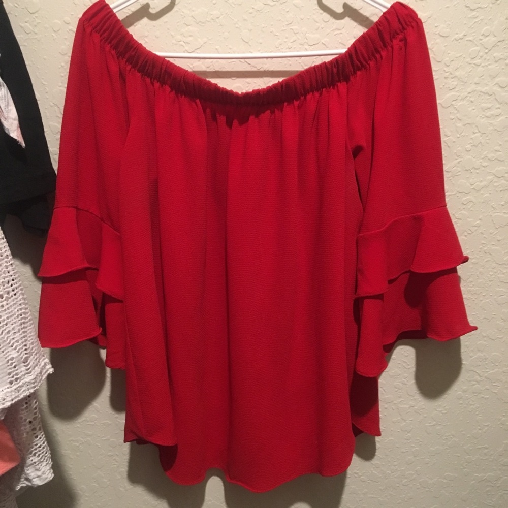 red off the shoulder shirt